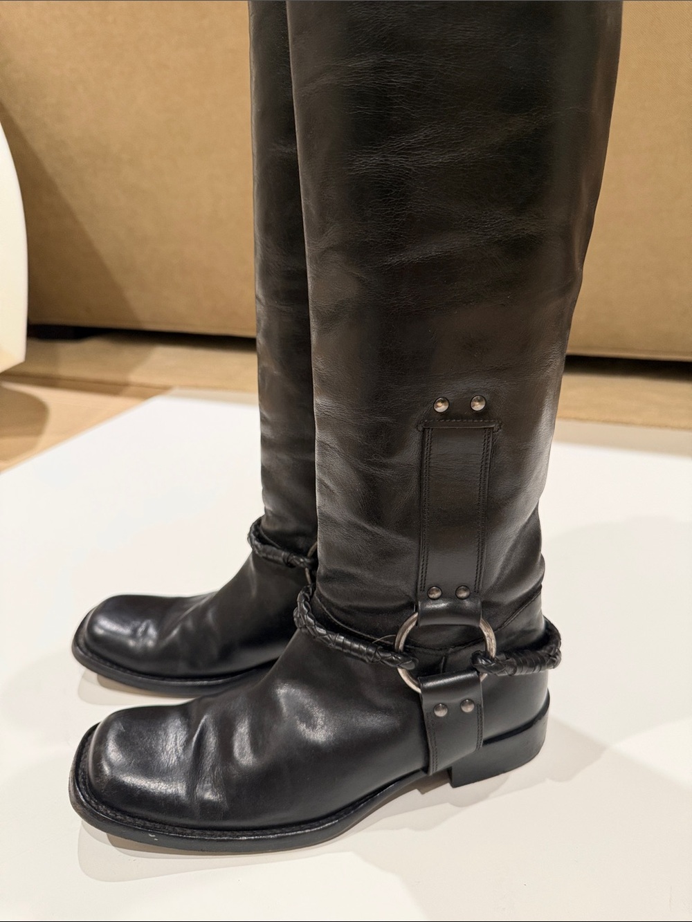 Bottega Veneta Black Motorcycle boots Braided Harness Knee Boots